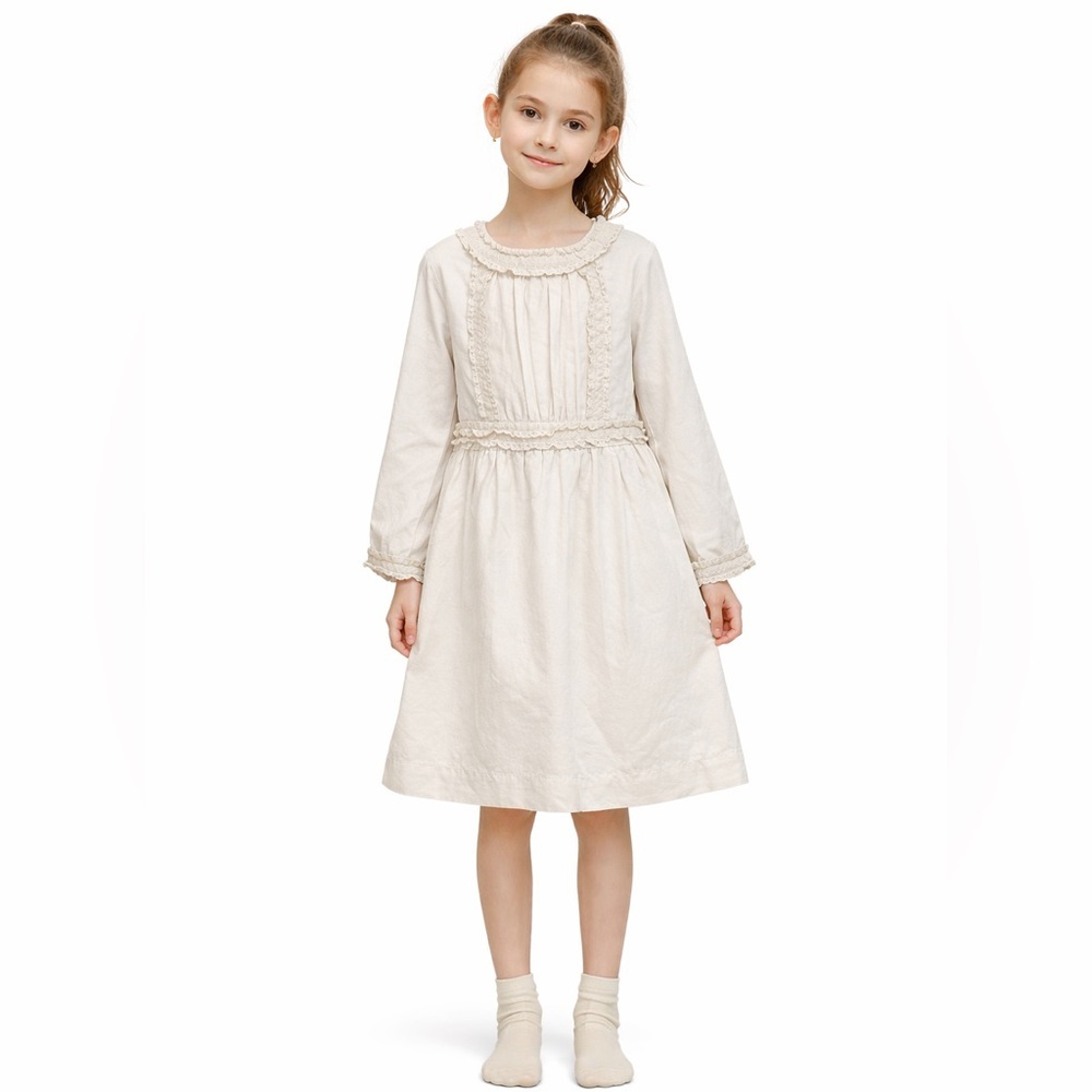 Bonpoint little girls cotton and wool cottagecore Cream Long Sleeve Dress NEW
